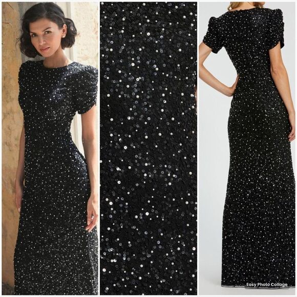 MAC DUGGAL 24003 Womens Black Gathered Short Sleeve Beaded Gown - Picture 1 of 16